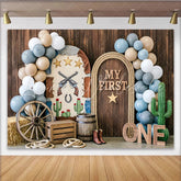 Lofaris Rustic Western First Birthday Backdrop with My First One Sign and Balloons Cowboy Theme Photo Background for Baby Boy Party.