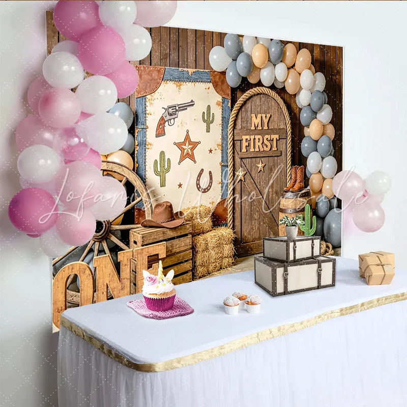 Lofaris Rustic Western First Birthday Backdrop with Wooden ONE Letters and Cowboy Decor Baby Boy Cake Smash Photography Background