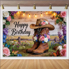 Lofaris Rustic Western Floral Birthday Backdrop with Cowboy Boots and Hat String Lights and Wildflowers Photography Background for Party