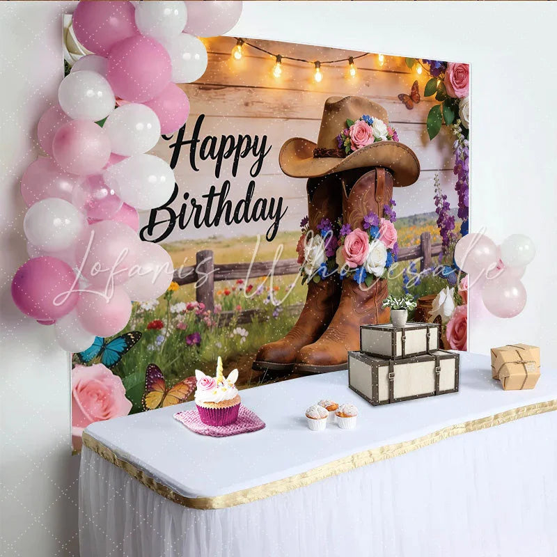 Lofaris Rustic Western Floral Birthday Backdrop with Cowboy Boots and Hat String Lights and Wildflowers Photography Background for Party
