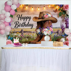 Lofaris Rustic Western Floral Birthday Backdrop with Cowboy Boots and Hat String Lights and Wildflowers Photography Background for Party