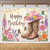 Lofaris Rustic Western Floral Birthday Backdrop with Pink Cowboy Hat and Boots String Lights Photography Background for Party Decor