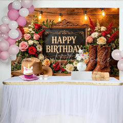 Lofaris Rustic Western Floral Happy Birthday Backdrop with Cowboy Hat and Boots Wooden Background for Party Decoration