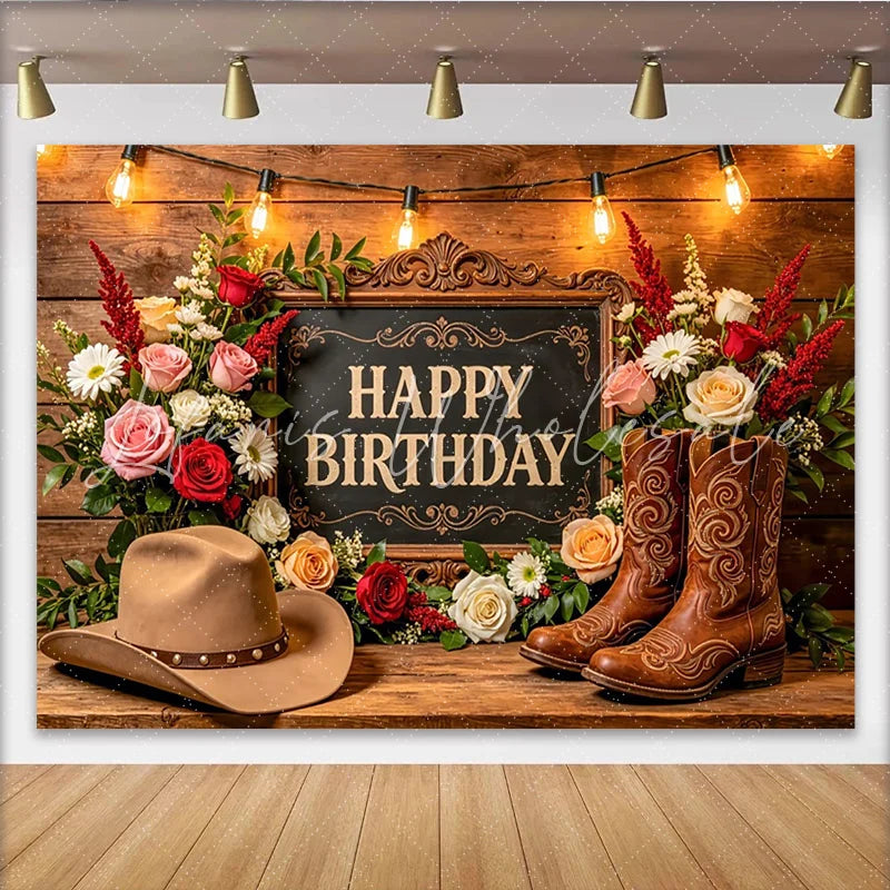 Lofaris Rustic Western Floral Happy Birthday Backdrop with Cowboy Hat and Boots Wooden Background for Party Decoration