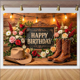 Lofaris Rustic Western Floral Happy Birthday Backdrop with Cowboy Hat and Boots Wooden Background for Party Decoration