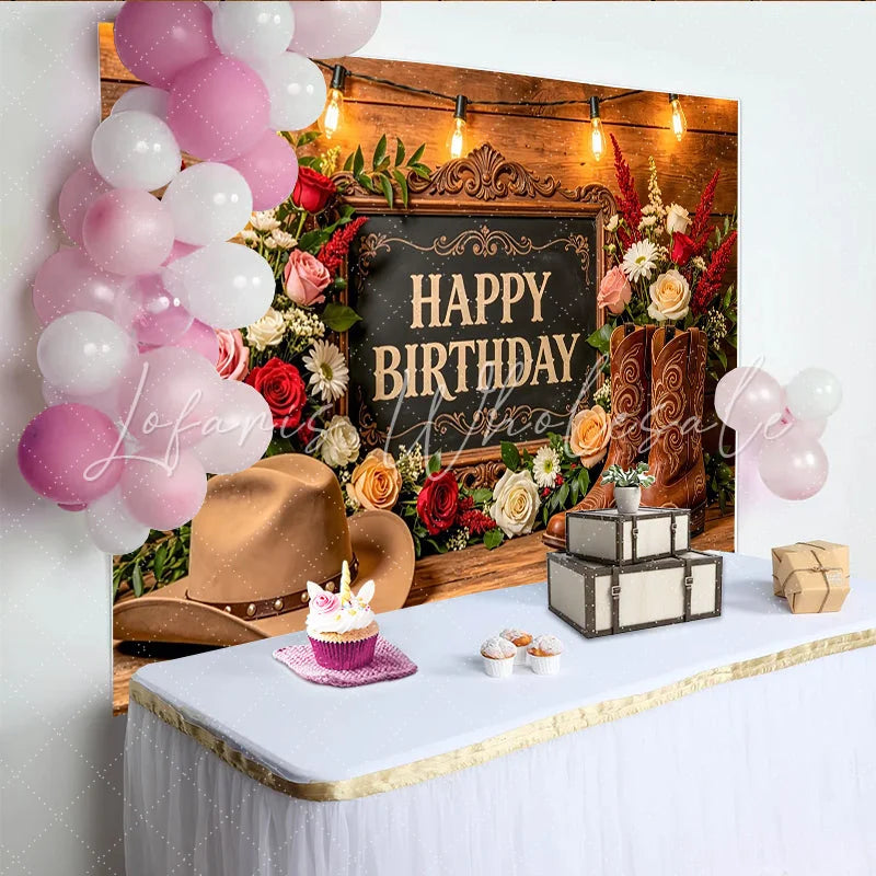 Lofaris Rustic Western Floral Happy Birthday Backdrop with Cowboy Hat and Boots Wooden Background for Party Decoration