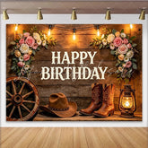Lofaris Rustic Western Happy Birthday Backdrop with Cowboy Boots and Hat Floral Wood String Lights Background for Party