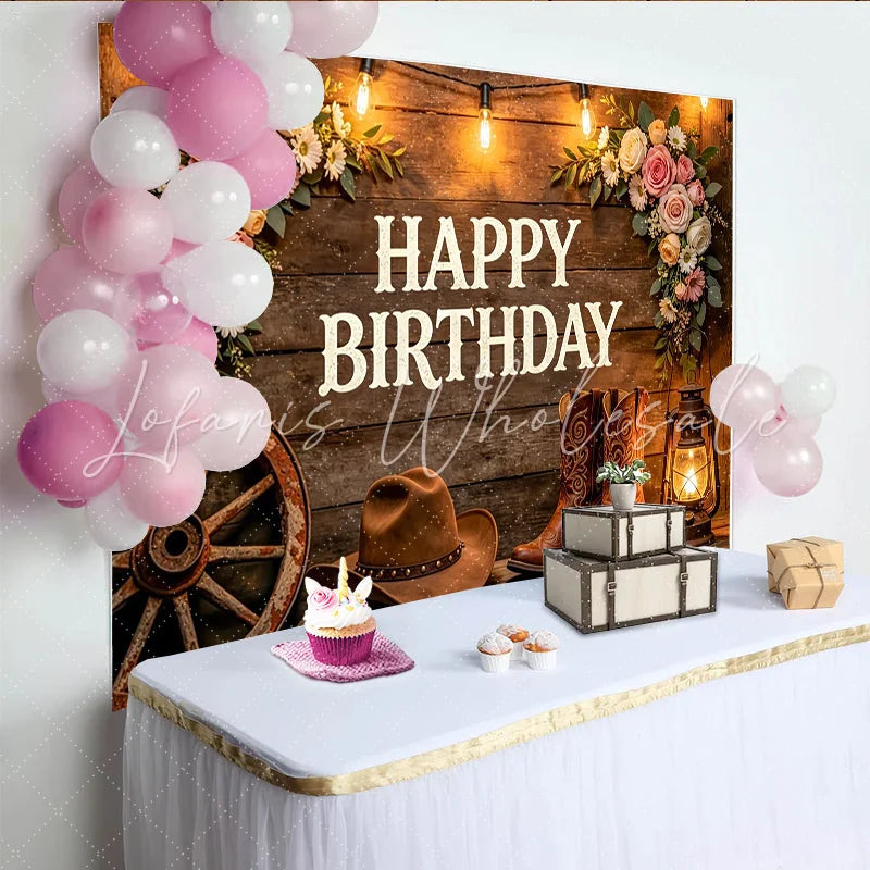 Lofaris Rustic Western Happy Birthday Backdrop with Cowboy Boots and Hat Floral Wood String Lights Background for Party