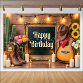 Lofaris Rustic Western Happy Birthday Backdrop with Cowboy Boots Guitar and Cactus Wood Wall Photography Background for Party Decor