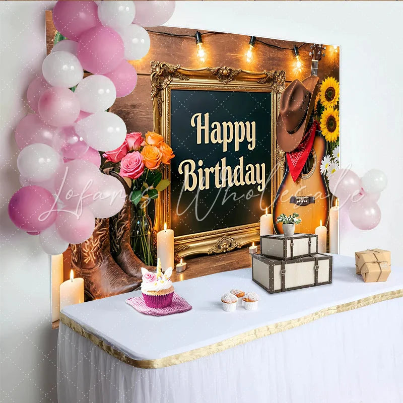 Lofaris Rustic Western Happy Birthday Backdrop with Cowboy Boots Guitar and Cactus Wood Wall Photography Background for Party Decor