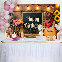Lofaris Rustic Western Happy Birthday Backdrop with Cowboy Boots Guitar and Cactus Wood Wall Photography Background for Party Decor