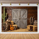Lofaris Rustic Western Photography Backdrop with Barn Door and Cactus Farmhouse Wood Wall Background for Cowboy Themed Photoshoot