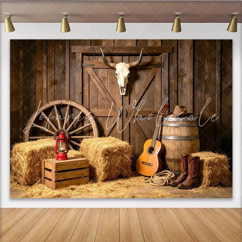Lofaris Rustic Western Photography Backdrop with Barn Door and Skull Hay Bales Guitar and Cowboy Boots Studio Background