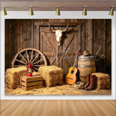 Lofaris Rustic Western Photography Backdrop with Barn Door and Skull Hay Bales Guitar and Cowboy Boots Studio Background