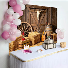 Lofaris Rustic Western Photography Backdrop with Barn Door and Skull Hay Bales Guitar and Cowboy Boots Studio Background