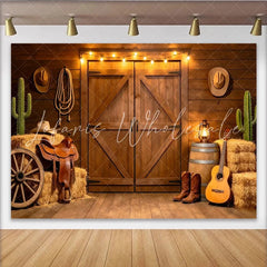 Lofaris Rustic Western Photography Backdrop with Barn Door and String Lights Cowboy Ranch Theme Background for Studio Photoshoot