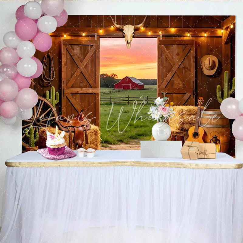 Lofaris Rustic Western Photography Backdrop with Barn Door and Sunset View Cowboy Farm Studio Background for Photoshoot