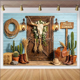 Lofaris Rustic Western Photography Backdrop with Bull Skull Blue Wood Wall and Lanterns Studio Background for Photoshoot