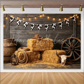 Lofaris Rustic Western Photography Backdrop with Cow Print Bunting and Hay Bales Dark Wood Wall Background for Cowboy Party Photoshoot