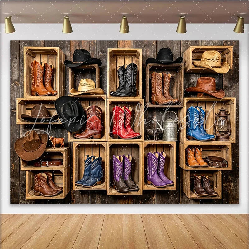 Lofaris Rustic Western Photography Backdrop with Cowboy Boots and Hats in Wooden Crates Vintage Studio Background for Photo Booth Props
