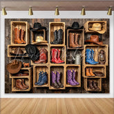 Lofaris Rustic Western Photography Backdrop with Cowboy Boots and Hats in Wooden Crates Vintage Studio Background for Photo Booth Props