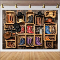 Lofaris Rustic Western Photography Backdrop with Cowboy Boots and Hats in Wooden Crates Vintage Studio Background for Photo Booth Props
