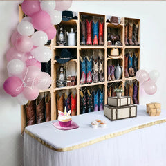 Lofaris Rustic Western Photography Backdrop with Cowboy Boots and Hats Vintage Wood Shelf Background for Studio Photoshoot
