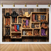 Lofaris Rustic Western Photography Backdrop with Cowboy Boots and Hats Vintage Wooden Wall Background for Studio and Party Decor