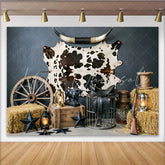 Lofaris Rustic Western Photography Backdrop with Cowhide and Wagon Wheel Vintage Cowboy Theme Background for Studio Photoshoot and Party