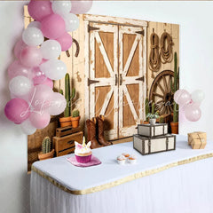 Lofaris Rustic Western Photography Backdrop with Distressed Barn Doors Cowboy Boots and Cacti Studio Photo Background