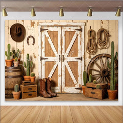 Lofaris Rustic Western Photography Backdrop with Distressed Barn Doors Cowboy Boots and Cacti Studio Photo Background
