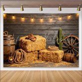 Lofaris Rustic Western Photography Backdrop with Hay Bales and Cowboy Hat Dark Wood Wall Background for Farmhouse Studio Photoshoot