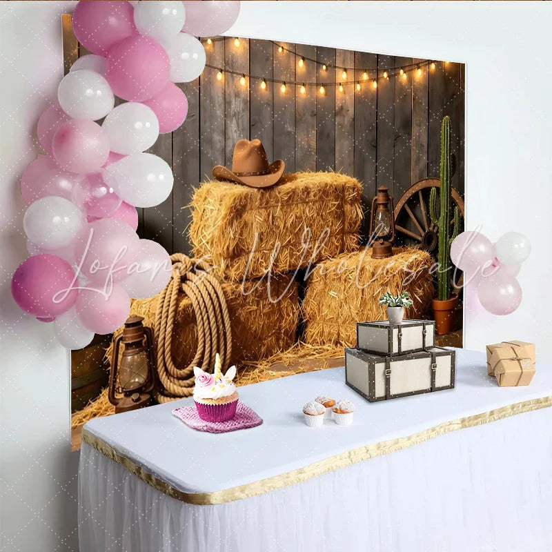 Lofaris Rustic Western Photography Backdrop with Hay Bales and String Lights Cowboy Hat and Cactus Photo Booth Background for Studio