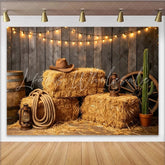 Lofaris Rustic Western Photography Backdrop with Hay Bales and String Lights Cowboy Hat and Cactus Photo Booth Background for Studio