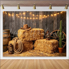Lofaris Rustic Western Photography Backdrop with Hay Bales and String Lights Cowboy Hat and Cactus Photo Booth Background for Studio