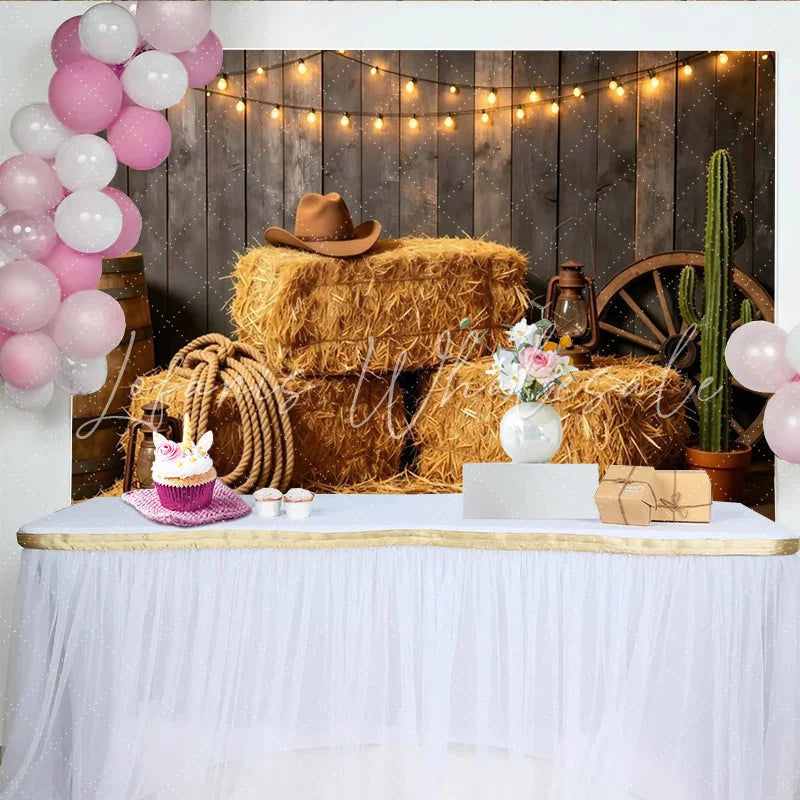 Lofaris Rustic Western Photography Backdrop with Hay Bales and String Lights Cowboy Hat and Cactus Photo Booth Background for Studio