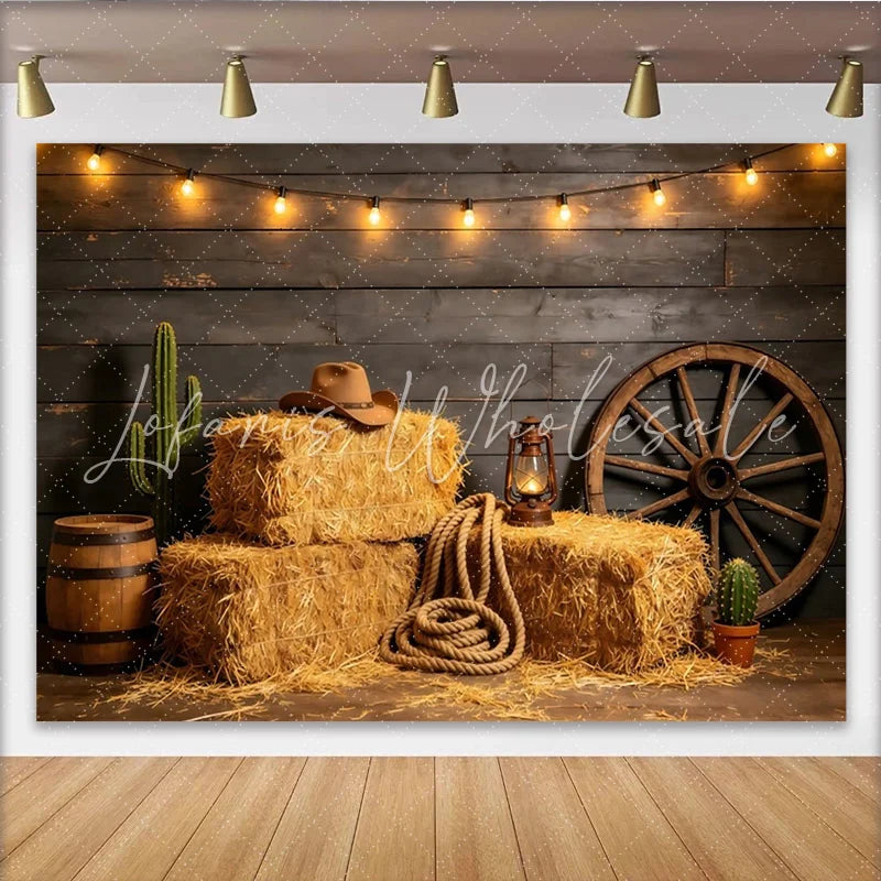 Lofaris Rustic Western Photography Backdrop with Hay Bales and Wagon Wheel Country Theme Studio Background for Photoshoot