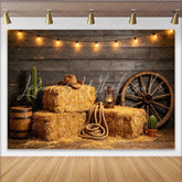 Lofaris Rustic Western Photography Backdrop with Hay Bales and Wagon Wheel Country Theme Studio Background for Photoshoot