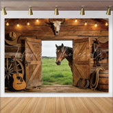 Lofaris Rustic Western Photography Backdrop with Horse and Barn Door Vintage Farm Background for Studio Photoshoot and Party Decor