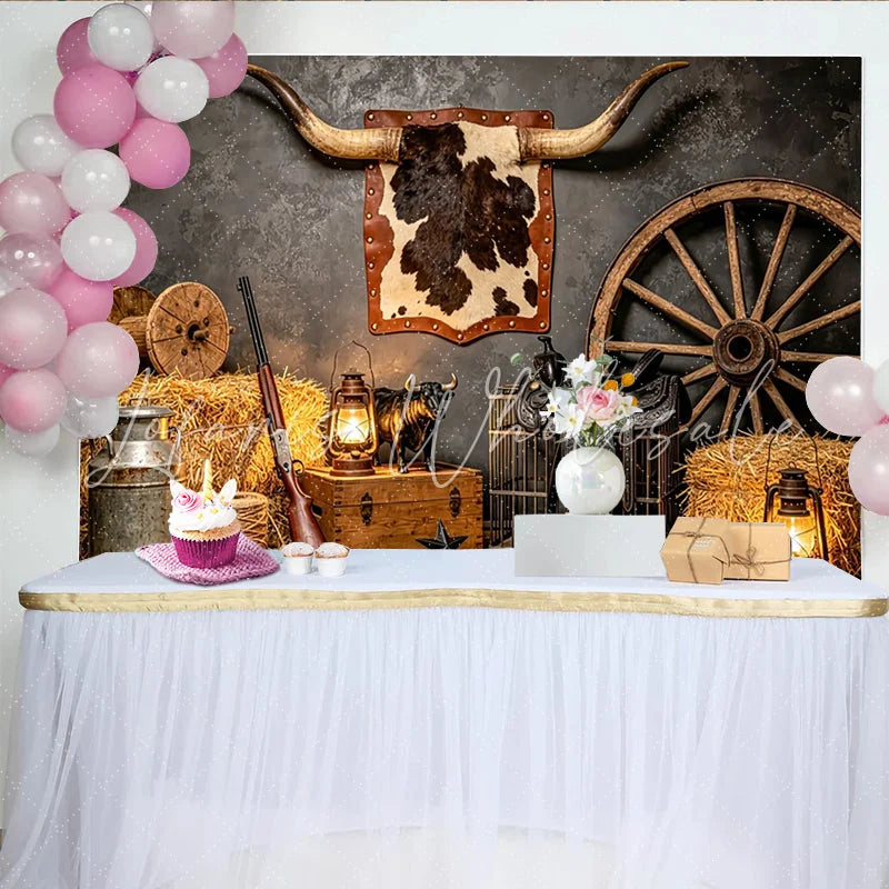 Lofaris Rustic Western Photography Backdrop with Longhorn Horns Hay Bales and Wagon Wheel Vintage Cowboy Studio Background for Photoshoot