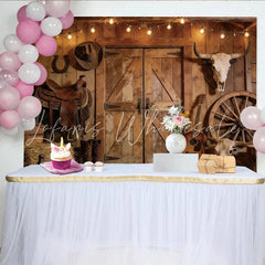 Lofaris Rustic Western Photography Backdrop with Wooden Barn Doors and String Lights Cowboy Theme Studio Background for Photoshoot