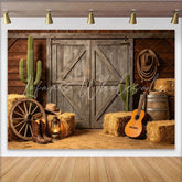 Lofaris Rustic Western Photography Backdrop with Wooden Barn Doors Hay Bales and Cacti Country Farm Studio Background for Photoshoot