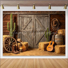 Lofaris Rustic Western Photography Backdrop with Wooden Barn Doors Hay Bales and Cacti Country Farm Studio Background for Photoshoot