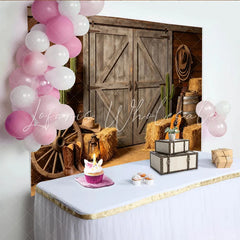 Lofaris Rustic Western Photography Backdrop with Wooden Barn Doors Hay Bales and Cacti Country Farm Studio Background for Photoshoot