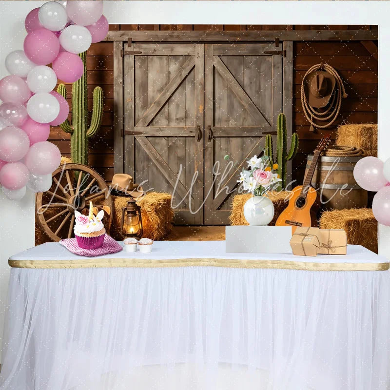 Lofaris Rustic Western Photography Backdrop with Wooden Barn Doors Hay Bales and Cacti Country Farm Studio Background for Photoshoot