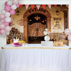 Lofaris Rustic Western Saloon Photography Backdrop with Wanted Poster and Wooden Doors Perfect for Cowboy Party Decor
