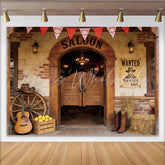 Lofaris Rustic Western Saloon Photography Backdrop with Wanted Poster and Wooden Doors Perfect for Cowboy Party Decor