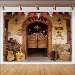 Lofaris Rustic Western Saloon Photography Backdrop with Wanted Poster and Wooden Doors Perfect for Cowboy Party Decor