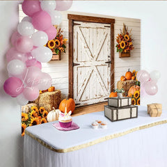 Lofaris Rustic White Barn Door Autumn Backdrop with Sunflowers and Pumpkins Harvest Festival Photography Background for Fall Party Decor