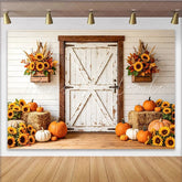 Lofaris Rustic White Barn Door Autumn Backdrop with Sunflowers and Pumpkins Harvest Festival Photography Background for Fall Party Decor